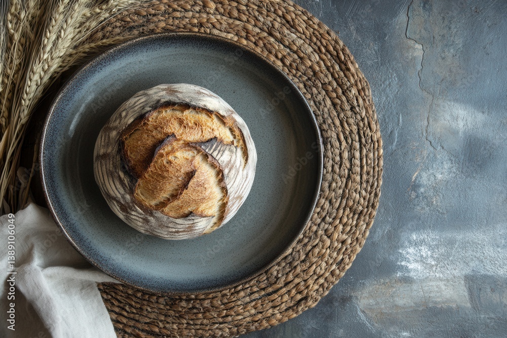 Poster Artistic Sourdough Bread on Plate with Wheat Stalks and Woven Placemat Capturing Rustic Charm and Culinary Delight in a Modern Setting