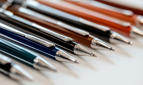 Close-up of assorted ballpoint pens in various colors