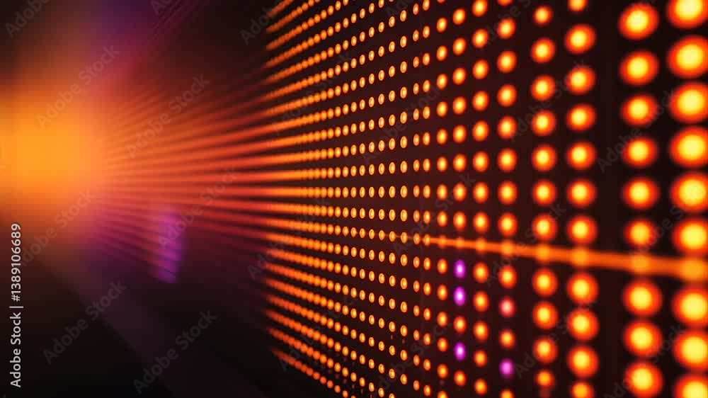Poster abstract glowing orange and purple dot matrix lines converging to a bright light source