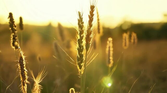 Golden wheat stalks gently swaying in summer breeze against sunset backdrop. Closeup of grain ears moving in wind as warm sunlight illuminates their tips creating tranquil rural scene.
