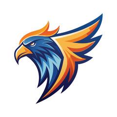 Obraz premium A graphic design of a blue and orange eagle head with spread wings. The eagles head is facing left, with a sharp, focused expression.