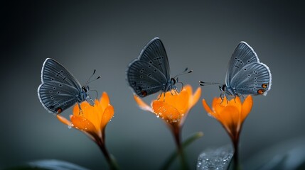 Three Blue Butterflies Resting on Vibrant Orange Flowers in Soft Focus