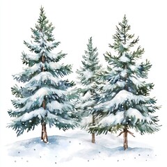 Obraz premium Watercolor painting of snowy evergreen trees in winter landscape