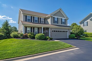 composition two-story suburban house with a manicured lawn, surrounded by a paved driveway and clear blue sky
