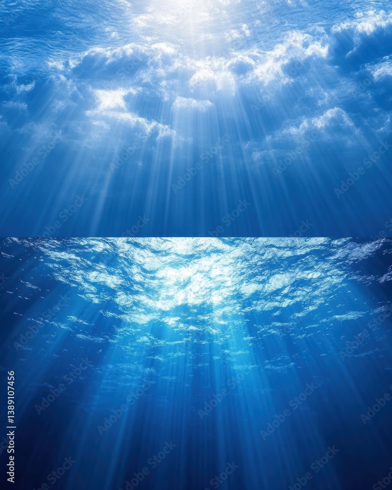 Poster underwater sunlight beams through ocean surface with clouds above creating a serene aquatic scene