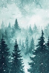 Obraz premium A wintry watercolor painting showing a forest in snowfall conditions