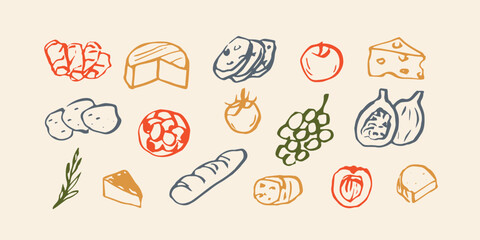 Hand drawn sketch charcuterie board food illustration