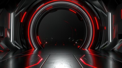 Futuristic red neon portal, dark tech corridor, background glow, sci-fi backdrop