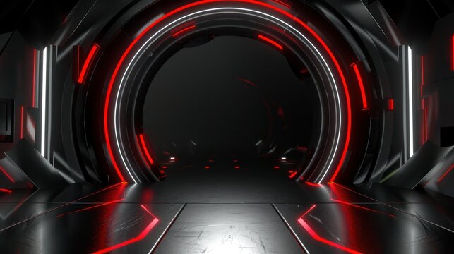 Futuristic red neon portal, dark tech corridor, background glow, sci-fi backdrop