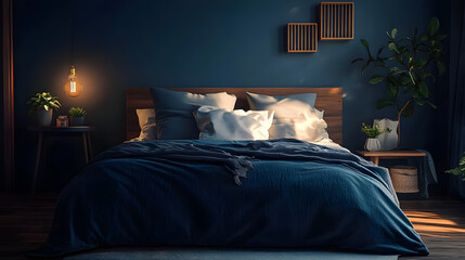 Cozy bedroom with dark blue walls, warm lighting, and inviting decor creates a peaceful sanctuary for relaxation in the evening