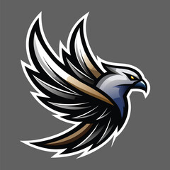 Obraz premium A stylized black and white hawk with its wings spread open. The hawk is in a profile view, and its wings are feathered and detailed.
