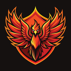 A fiery phoenix bird illustration with spread wings and a shield behind it. The bird is depicted in a red and orange color scheme.