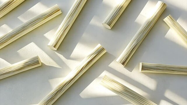 Scattered, light-colored cylindrical objects casting shadows on a light surface
