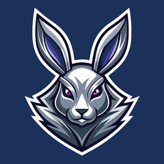 Fototapeta premium A white rabbit mascot with purple eyes on a blue background. The rabbit is looking directly at the viewer, and has a serious expression on its face.