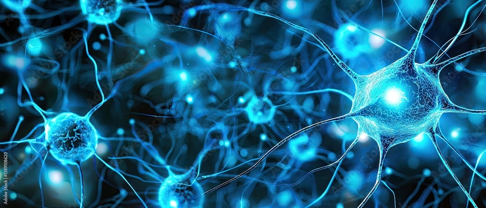 Poster a vibrant depiction of interconnected neurons, showcasing blue and glowing elements that represent t