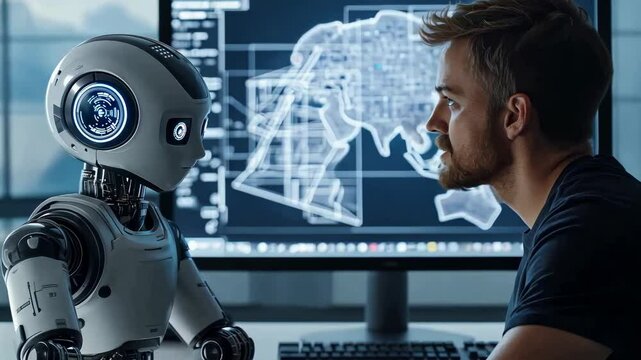 In modern office, man with beard studies technical diagrams on computer monitor alongside humanoid robot. The scene reflects collaboration, blending human skills with artificial intelligence. - Powered by Adobe