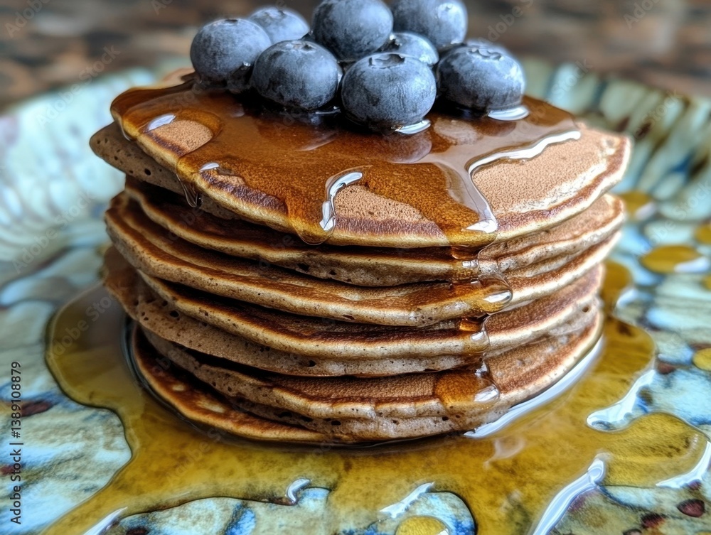 Poster delicious stack of pancakes topped with fresh blueberries and dripping maple syrup on a rustic plate