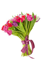 Elegant bouquet of colorful tulipstied with a lilac ribbon, isolated on white background. Isolated on transparent background. PNG format available 