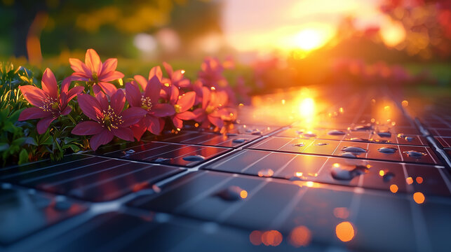 Water drop on solar panels reflecting sunlight Beautiful leaves flowers Harmony between technology nature balance of sustainable energy, environment. Greenery-sense of renewal optimism, cleaner future