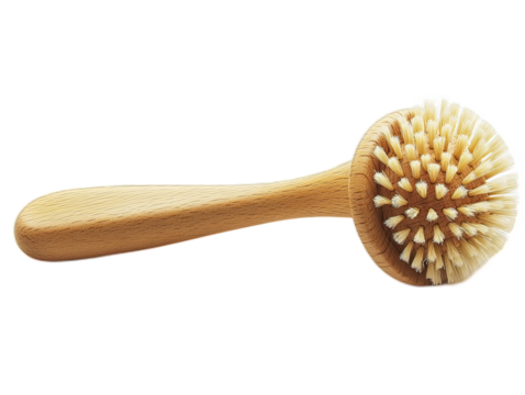 Wooden dish brush with replaceable head, plant-based bristles, ergonomic handle with natural grain pattern, sustainable cleaning tool on white background