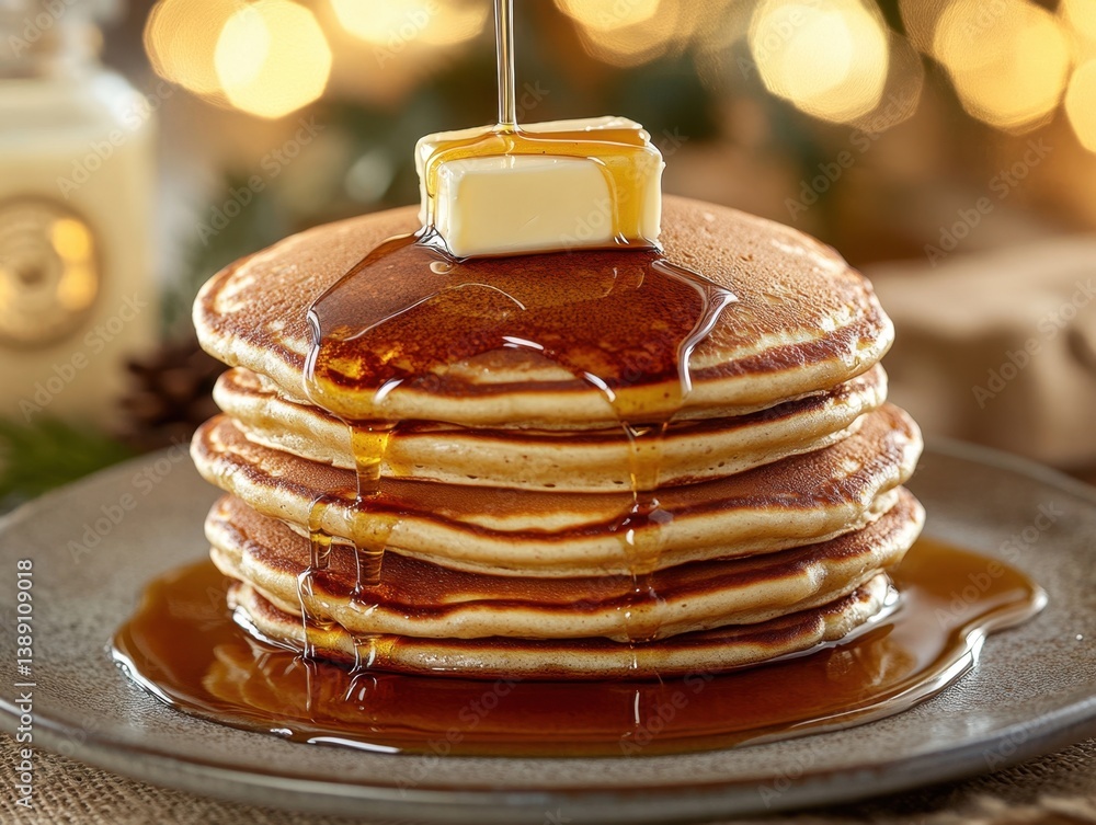 Aufkleber stack of delicious pancakes with melting butter and syrup drizzle on rustic plate for breakfast trea