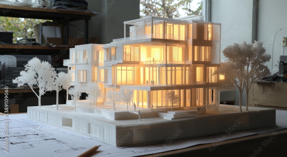 Poster a detailed architectural model showcasing a modern building illuminated from within, surrounded by m