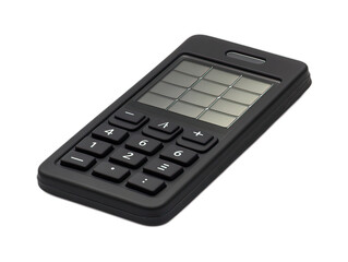 Solar-powered pocket calculator made from recycled plastic, matte black finish with visible solar panel, sustainable office supply on white background