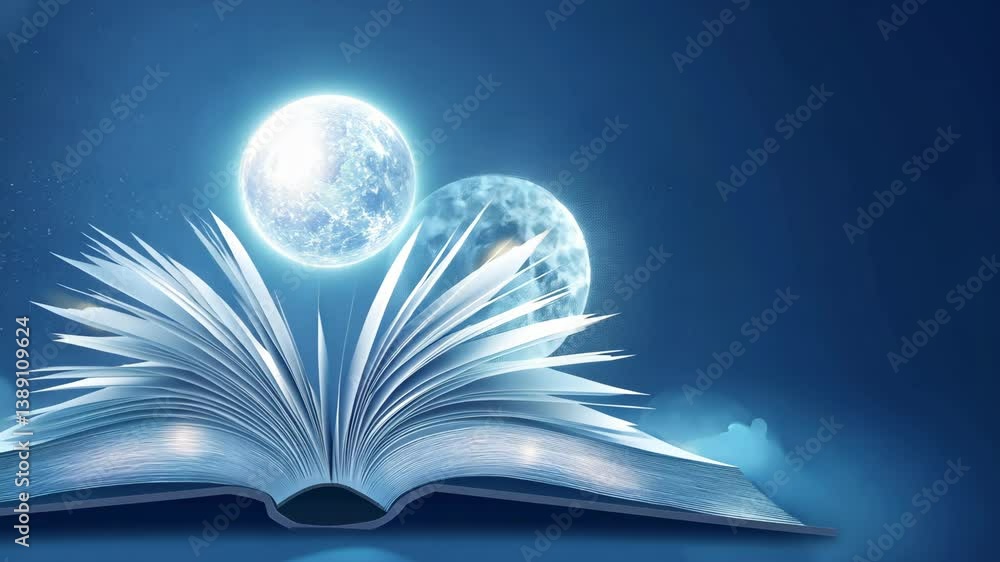 Poster open storybook pages illuminated by glowing twin moons in deep blue fantasy backdrop, creating whims