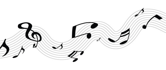 Song and music wave with notes on lines and clef. Orchestra melody notes wave pattern. Symphony vintage isolated vector backdrop or classic music concert sound monochrome background in eps 10.