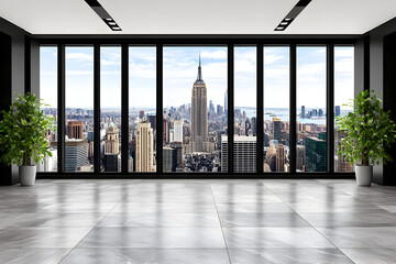 Spacious modern office with large windows, panoramic city skyline view, bright and airy atmosphere, ideal for creative work.