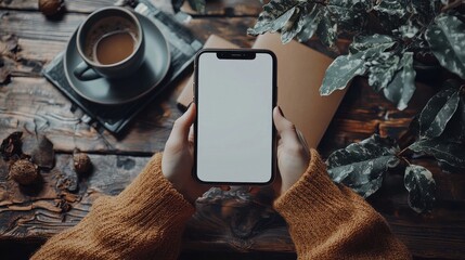 Hands Holding Smartphone on Wooden Desk with Coffee Cup and Potted Plant  Modern Minimal Flat Lay Workspace Office Setup with Digital Technology Communication Business and Lifestyle Concept