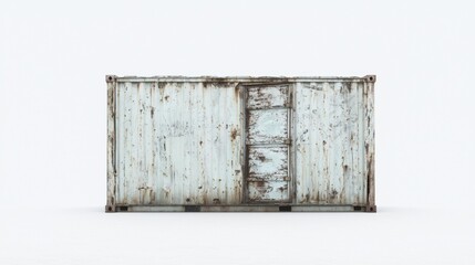 Weathered shipping container sits on a plain surface, showcasing its rustic charm and unique texture in a minimalist setting
