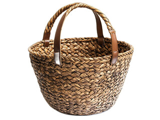 Fototapeta premium Handwoven market basket made from seagrass with leather handles, natural variations in weave pattern, shopping essential on white background