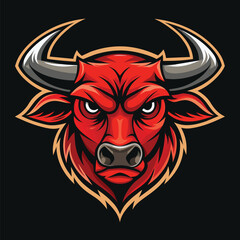 Fototapeta premium An illustration of a fierce red bull mascot with large horns and a menacing expression, isolated against a black background.
