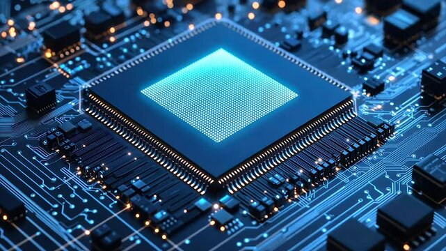 Central processing unit on circuit board, glowing blue