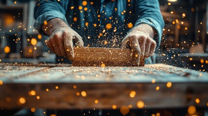 Close up shot of a skilled carpenter s hands sanding and polishing a wooden plank on a workbench in a workshop  The image showcases the intricate process of woodworking with various woodworking tools