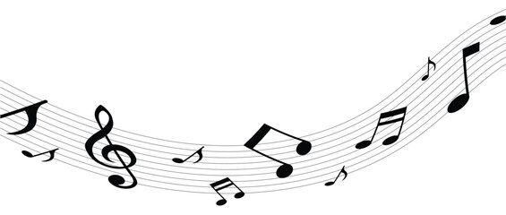 Song and music wave with notes on lines and clef. Orchestra melody notes wave pattern. Symphony vintage isolated vector backdrop or classic music concert sound monochrome background in eps 10.