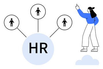 HR circle connects to three employee icons, while a woman gestures upward. Ideal for workforce planning, recruitment, career growth, leadership, employee management, organizational structure. Flat