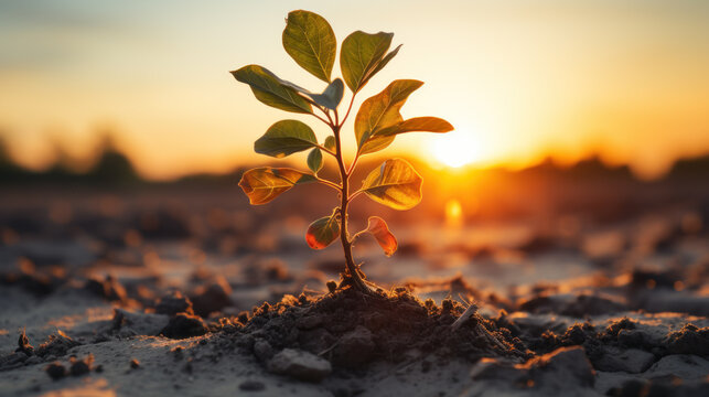 Young plant growing in dry soil at sunrise symbolizing hope, sustainability and new beginnings