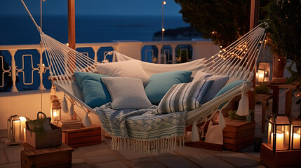 Cozy hammock with pillows and candles on romantic terrace at night overlooking the sea