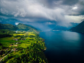 Aerial shot of Romsdal Fjord in summer