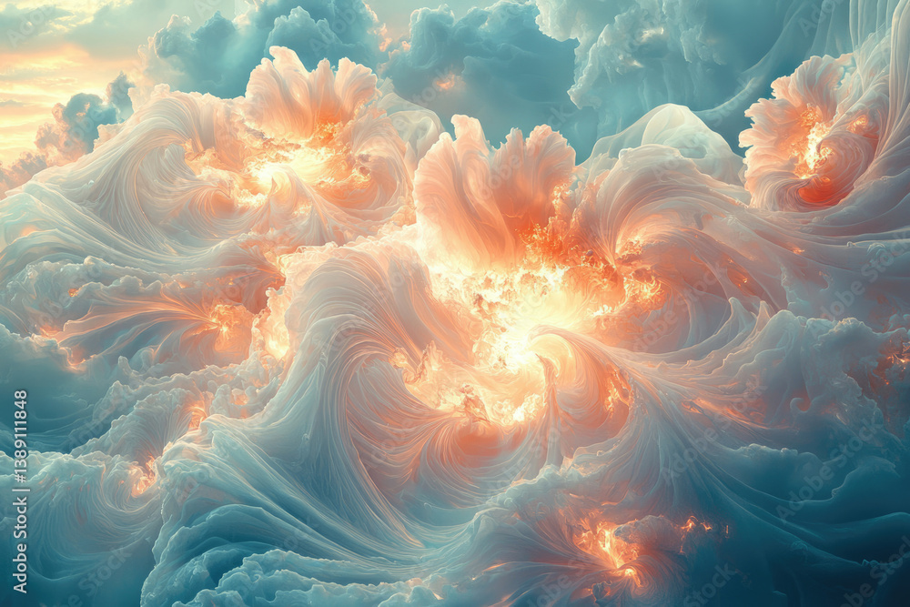 Poster abstract swirling cloudscape with fiery orange and teal hues, creating a celestial dreamscape.