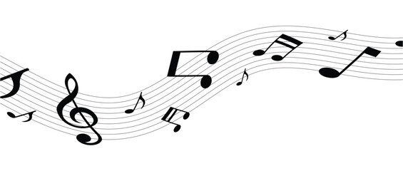Song and music wave with notes on lines and clef. Orchestra melody notes wave pattern. Symphony vintage isolated vector backdrop or classic music concert sound monochrome background in eps 10.