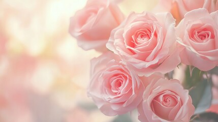 Obraz premium Delicate pastel pink roses with a dreamy blur effect, capturing sweet color petals and soft pastel tones for a romantic floral background pattern.