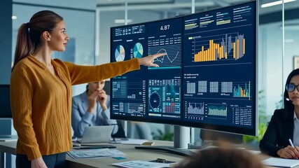 A diverse team collaborates modern office, analyzing complex data visualizations displayed large screen. Charts, graphs, , real-time metrics drive their discussion, reflecting strategic business - Powered by Adobe
