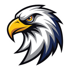 Fototapeta premium A cartoon illustration of a bald eagle head with sharp eyes, a yellow beak, and a white and blue plumage.