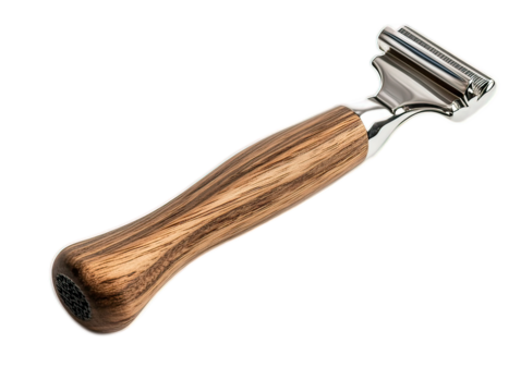 Hand-turned wooden razor handle with metal attachment point, interchangeable with standard blades, sustainable grooming tool on white background