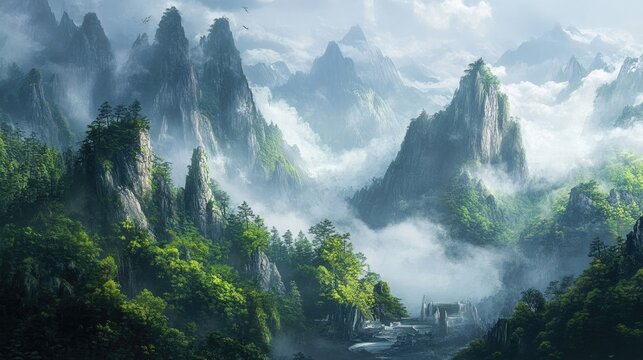 Mysterious veiled mountains hidden by mist