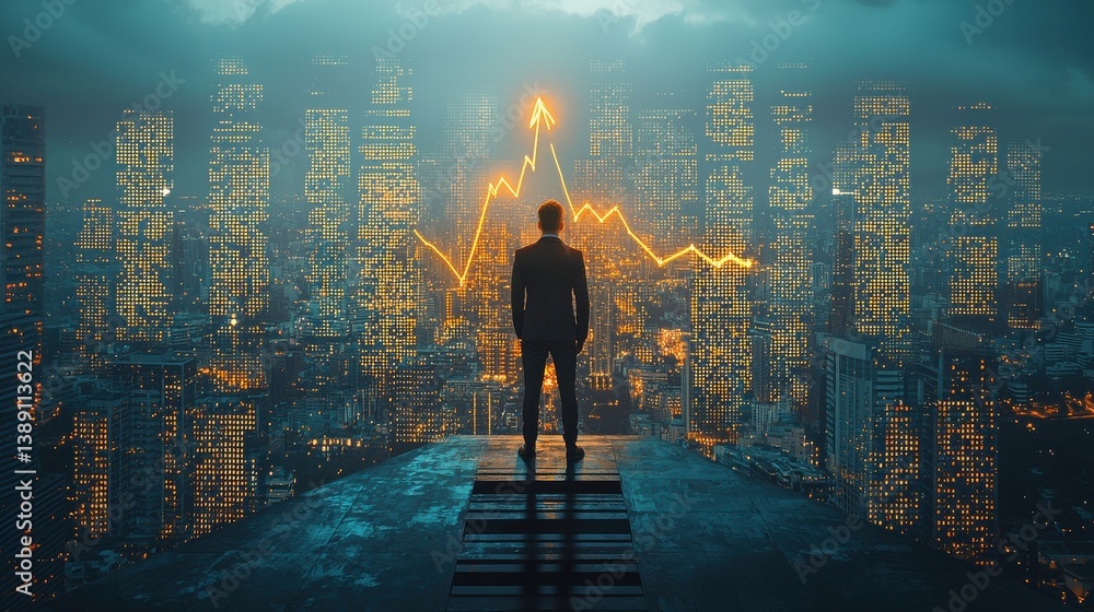Poster silhouetted businessman standing on a platform overlooking an illuminated urban skyline with glowing