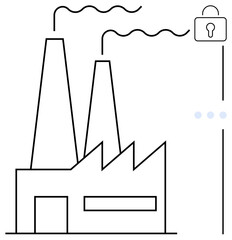 Factory with smokestacks emitting vapor beside a padlock representing protected industrial systems and networks. Ideal for cybersecurity, manufacturing, innovation, connectivity, safety, technology